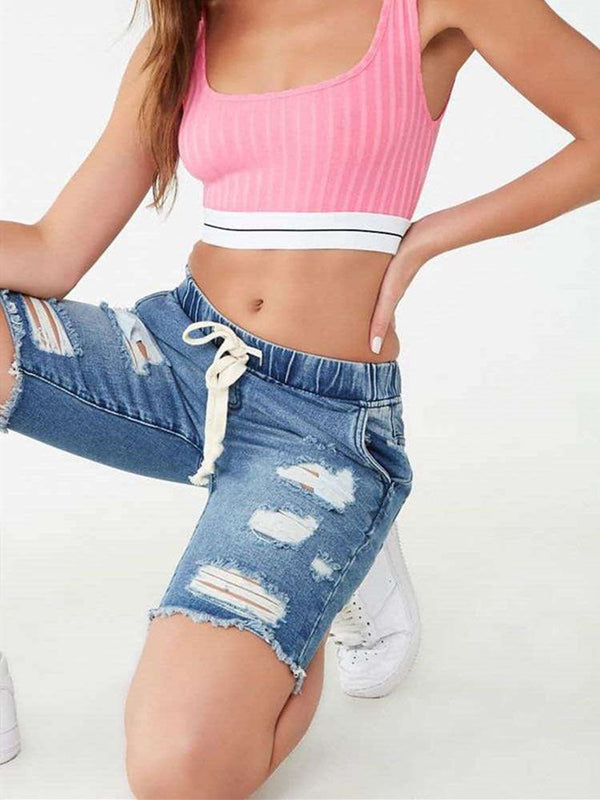 Women's Elastic Waist Ripped Denim Shorts