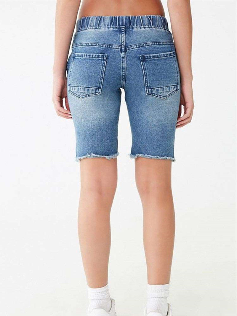 Women's Elastic Waist Ripped Denim Shorts