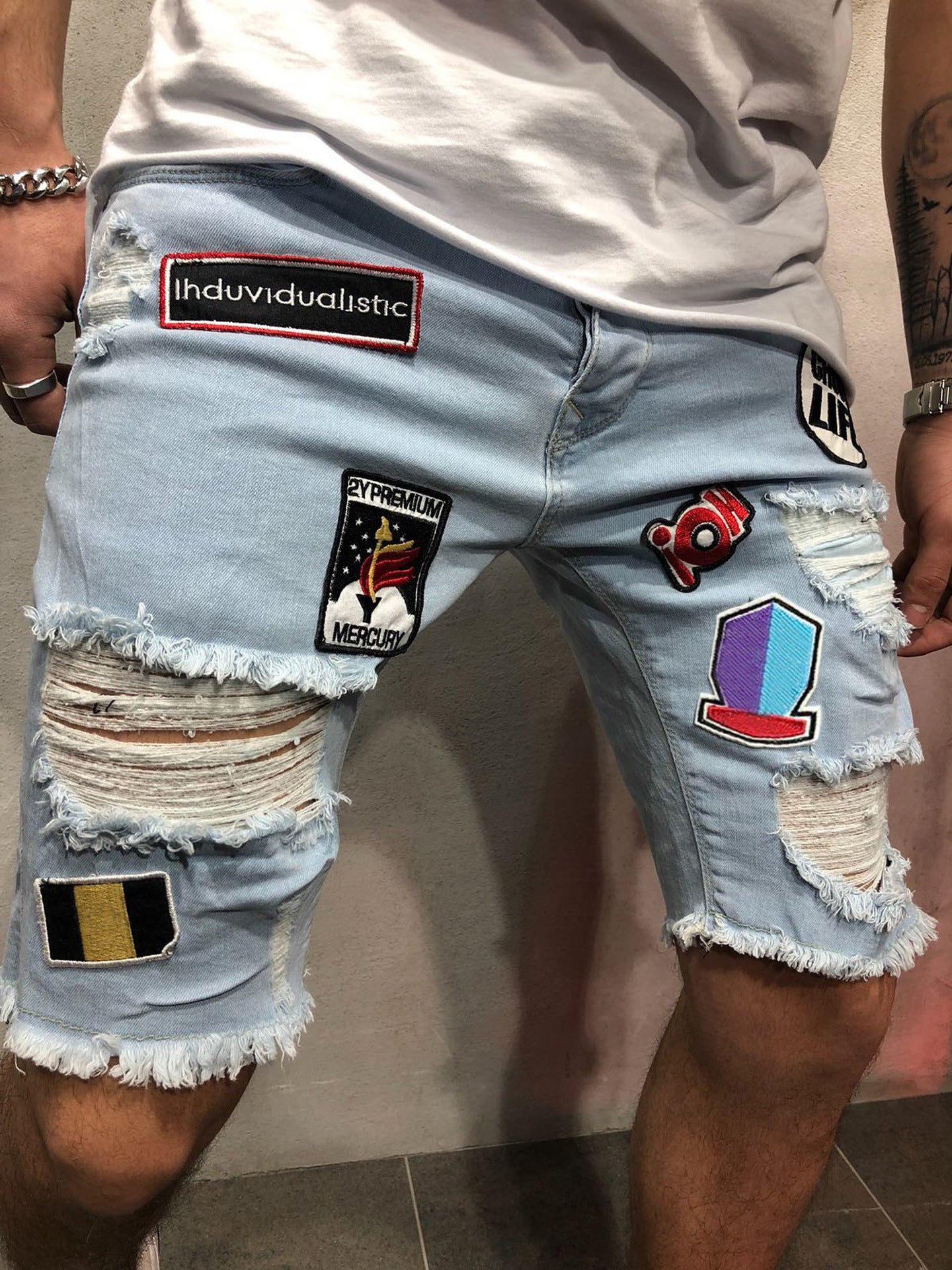 Summer Personality Men's Denim Shorts Fashion Ripped Patch Patch Pants