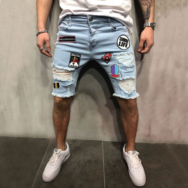 Summer Personality Men's Denim Shorts Fashion Ripped Patch Patch Pants