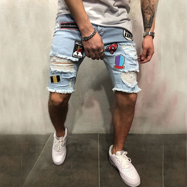 Summer Personality Men's Denim Shorts Fashion Ripped Patch Patch Pants