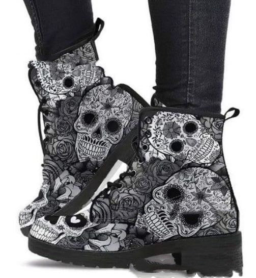 Women Ankle Boots Low Heels Shoes Woman Vintage Pu Leather Autumn Warm Winter high Snow Boots Motorcycle Skull Pansy