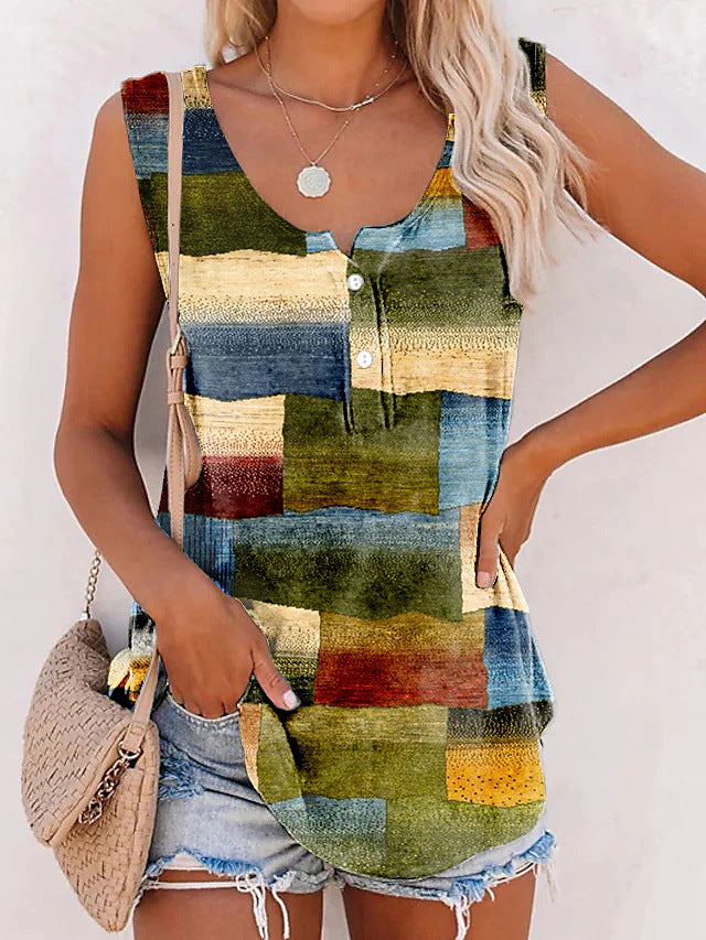 New Striped Printed Button Loose U-neck Vest T-shirt