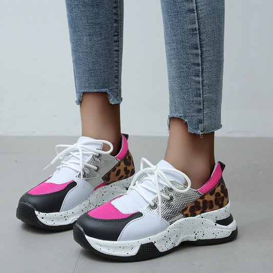 Leopard Print Sneakers Women Lace Up Walking Running Sports Shoes