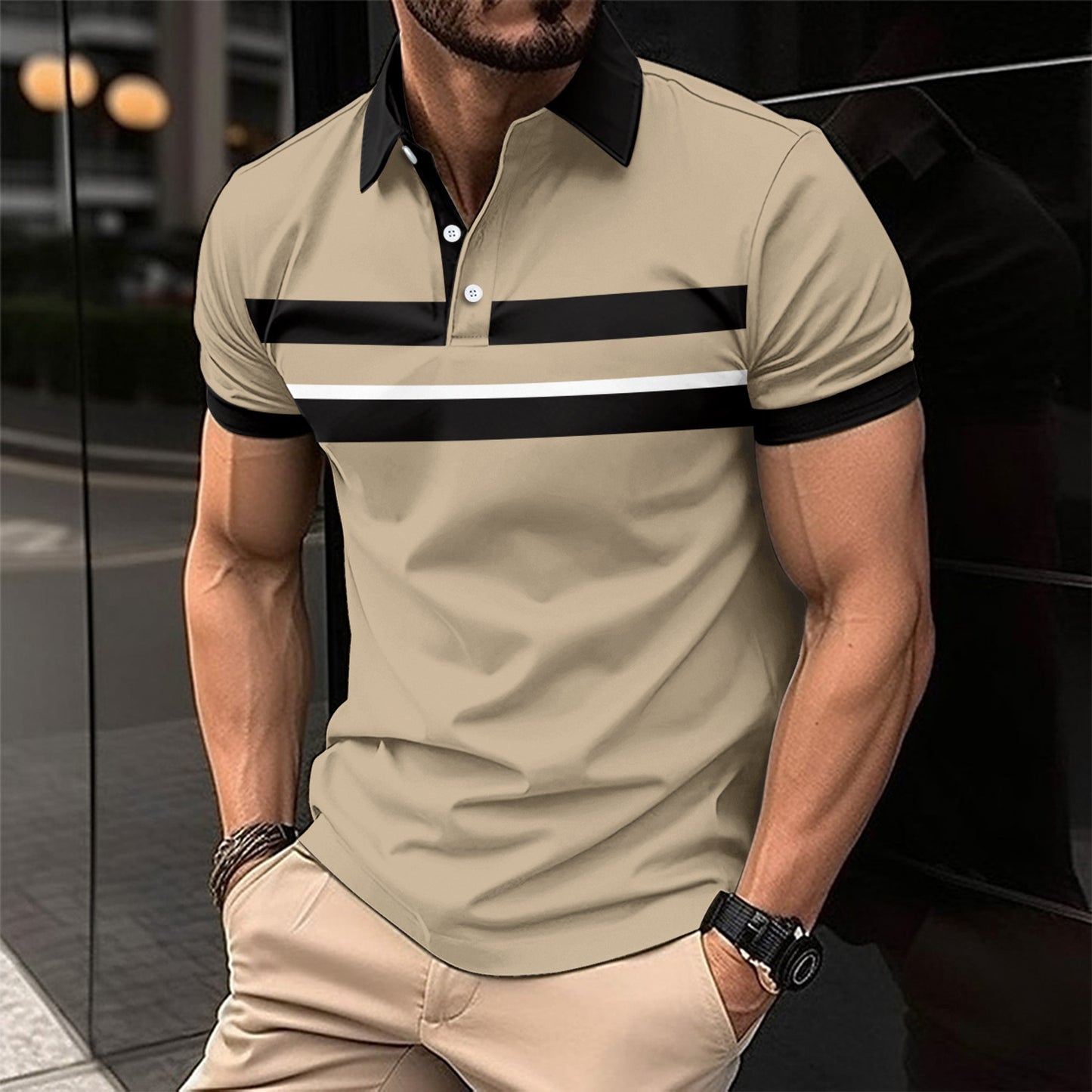 Men's Casual Polo Collar Button Business Digital Printed All-matching Top