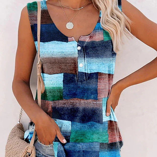 New Striped Printed Button Loose U-neck Vest T-shirt