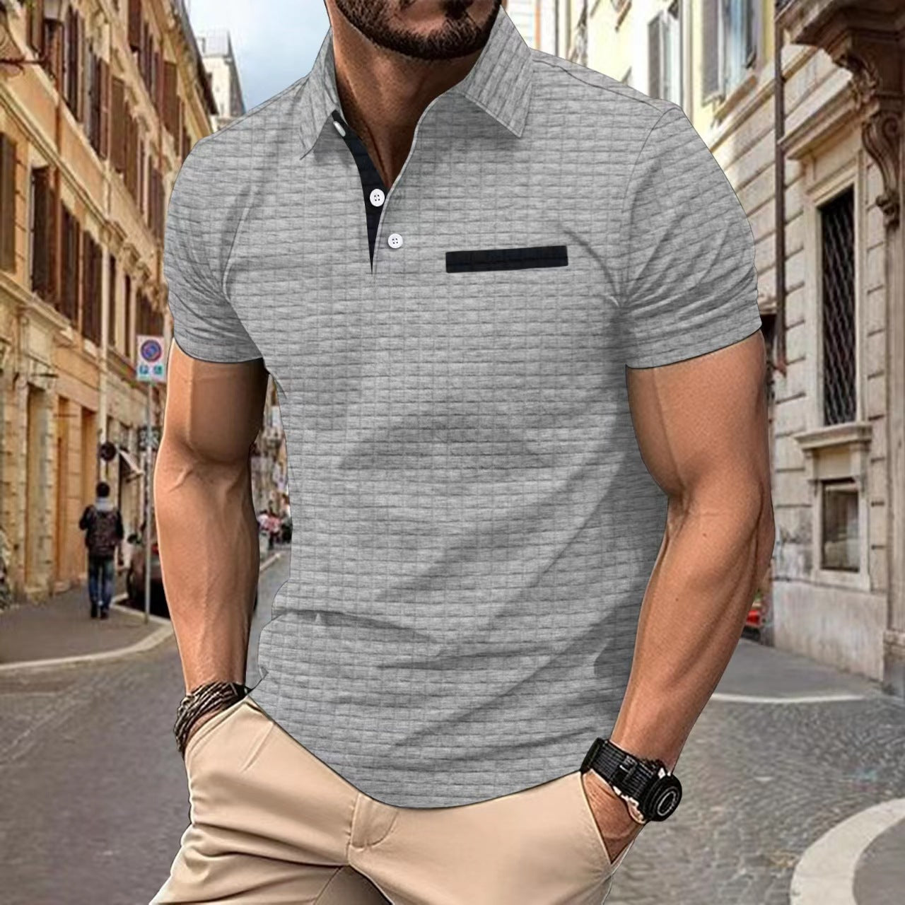 Button Jacquard Plaid Men's Sports Polo Shirt Men